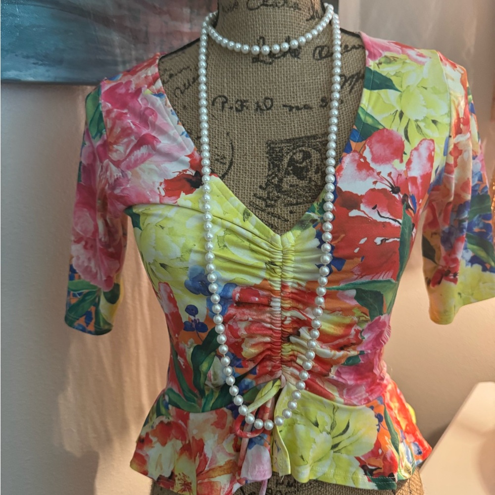 Fashion Nova Multicolor Floral Ruched Blouse